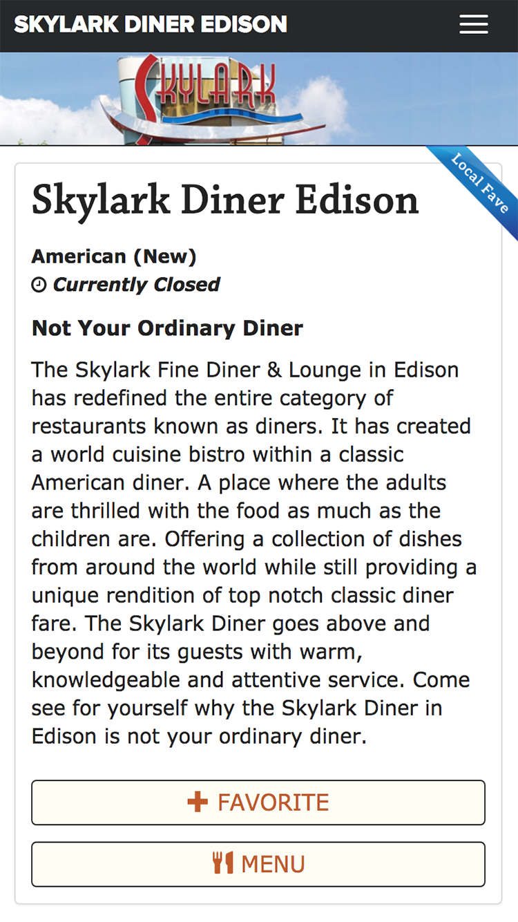Restaurant profile of Sklyark Diner offering food delivery